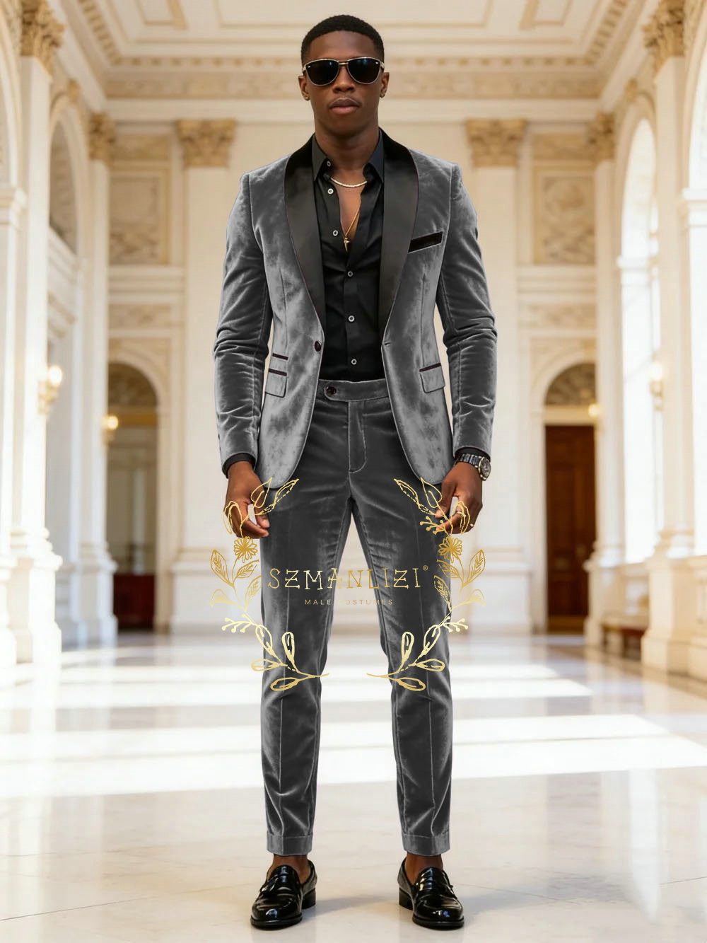 Dark Grey Velvet 2 Pieces Men  - огляд і ціна Mens Fashion Dark Grey Pants