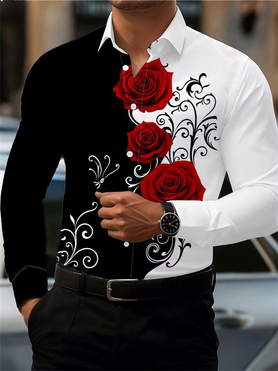 Men's Red Rose Print Long-Slee - огляд і ціна Mens Fashion Summer