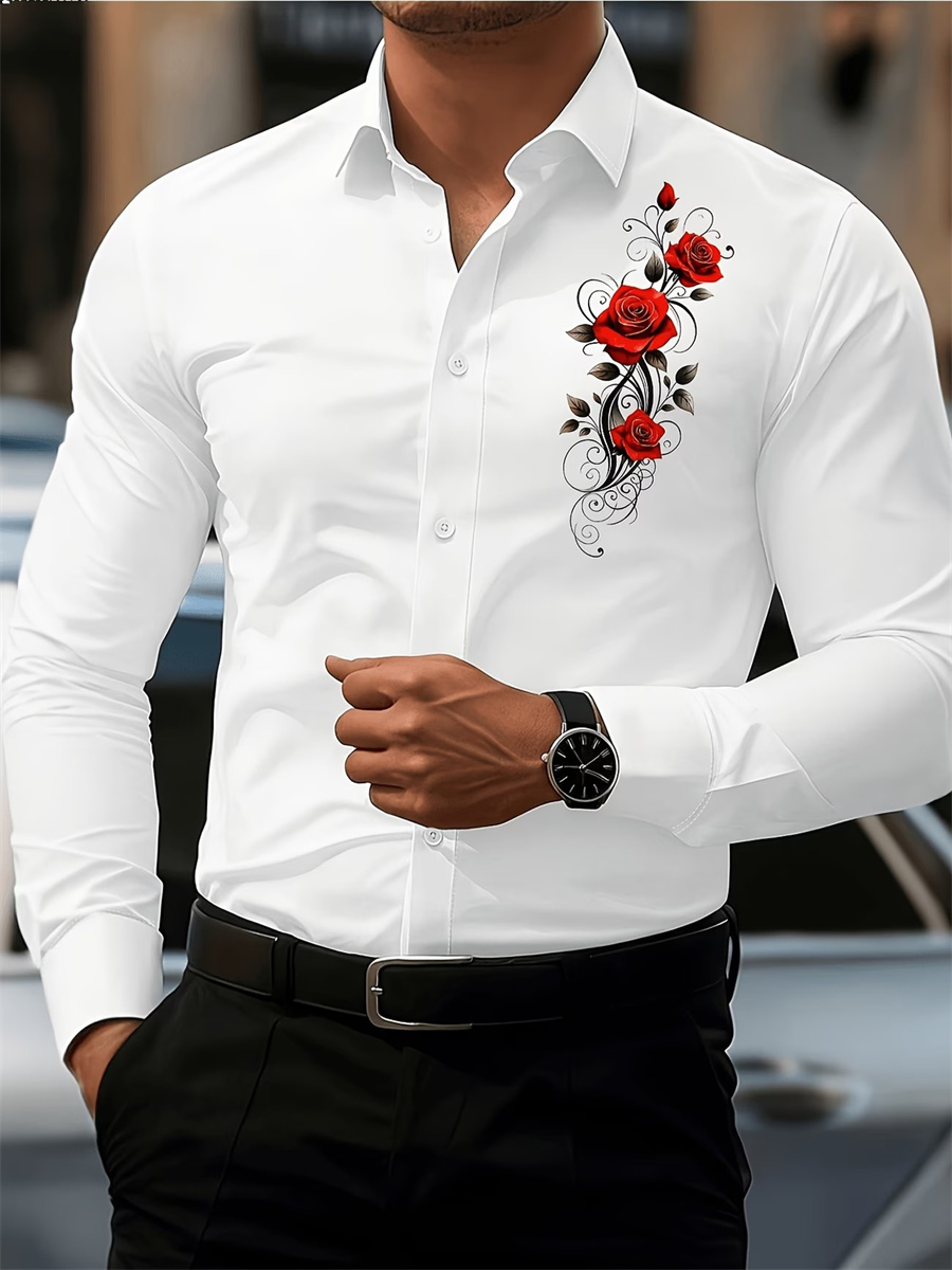 Men's Red Rose Print Long-Slee - огляд і ціна Mens Fashion Summer