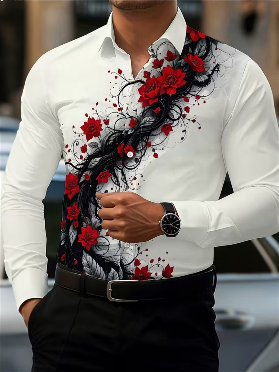 Men's Red Rose Print Long-Slee - огляд і ціна Mens Fashion Summer