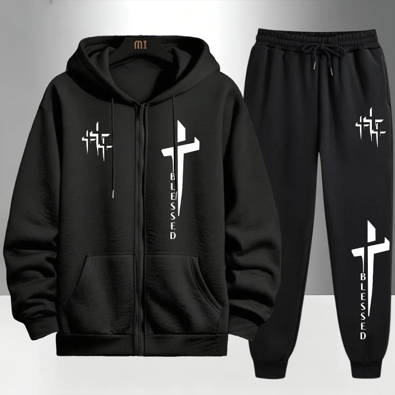 Cross Blessed Print Tracksuit  - огляд і ціна Men'S Fashion Zipper Hoodie