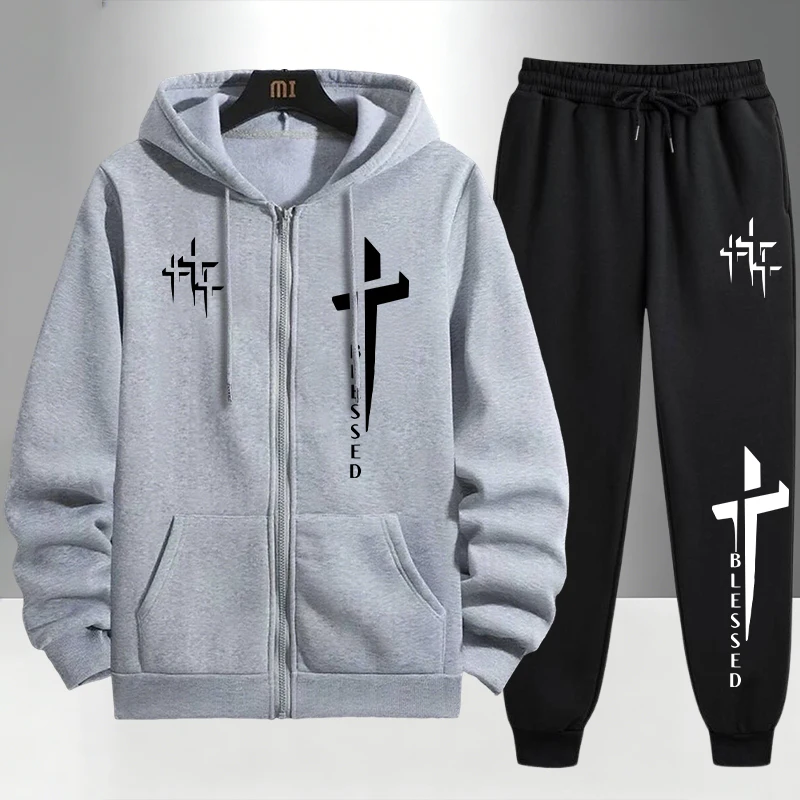 Cross Blessed Print Tracksuit  - огляд і ціна Men'S Fashion Zipper Hoodie